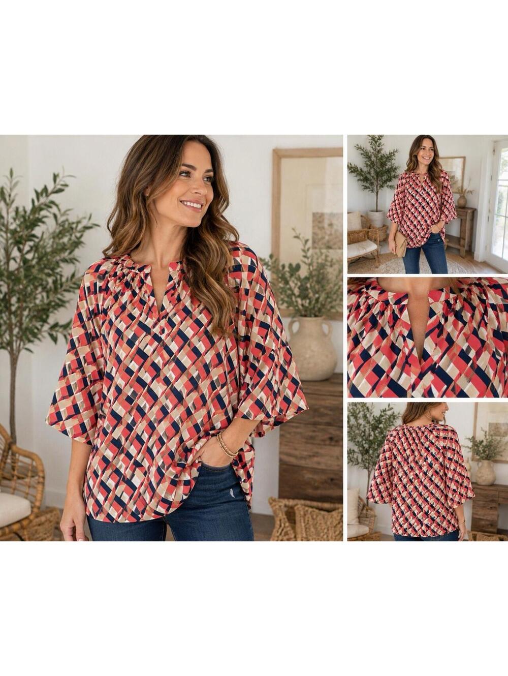 Traffic People Geometric Print Blouse Womens Small Bell Sleeve Boho Top